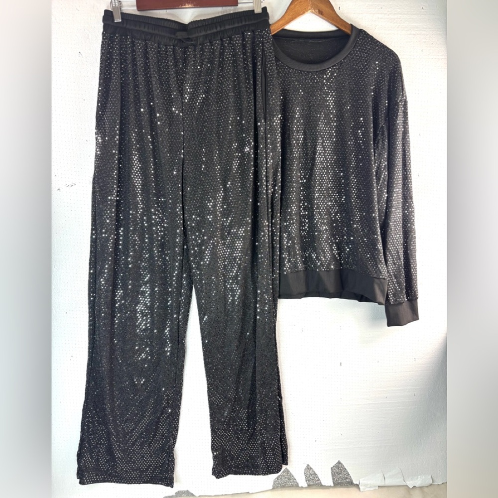 Whimseygoth L Chic Black Silver Sparkle Pocketed Jogging Wide Leg Pantsuit